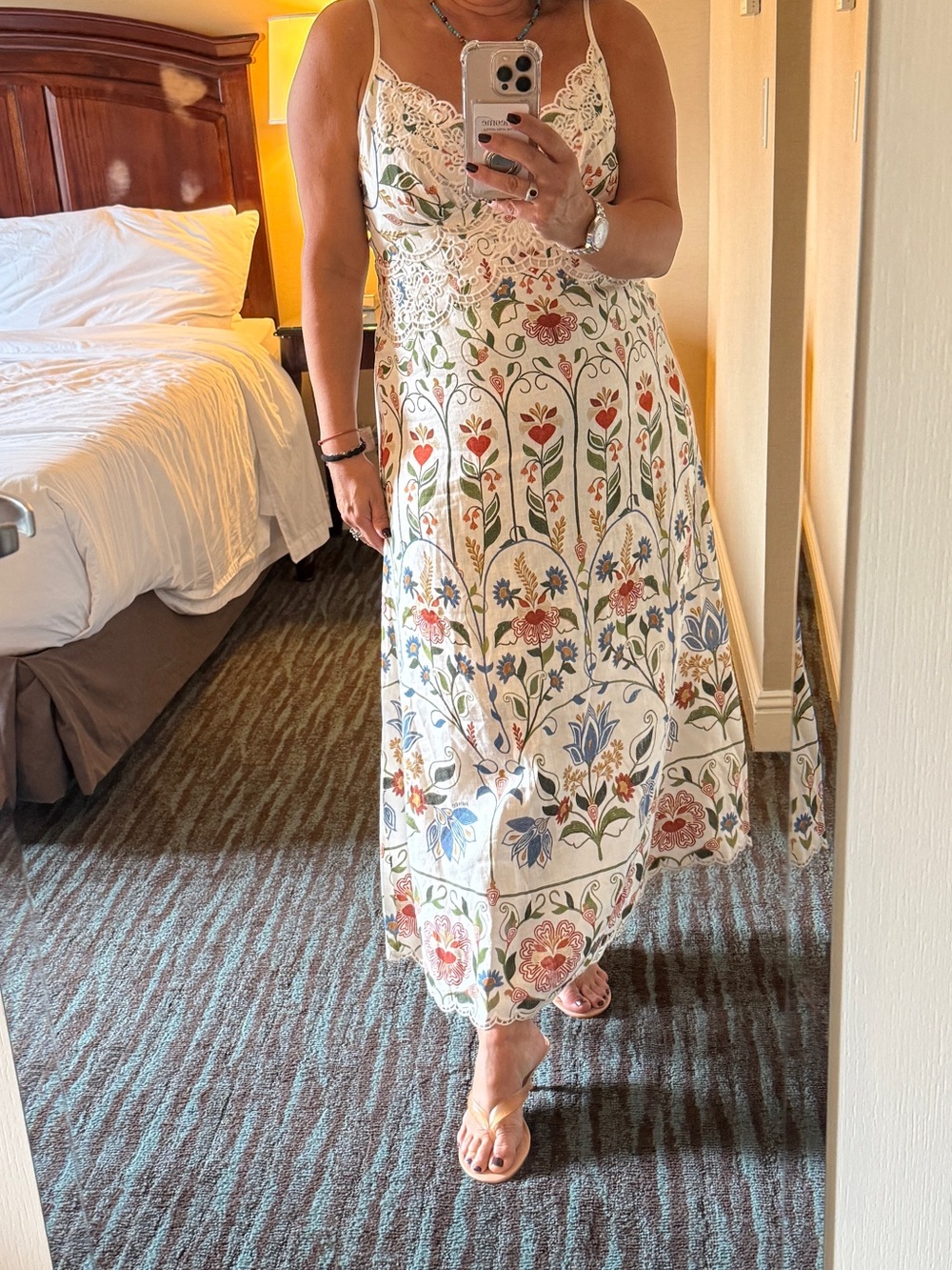 FARM Rio White Midi Dress with Multicolor Floral Embroidery